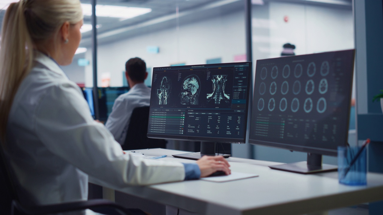 医院研究实验室:女性医学科学家使用计算机与脑部MRI扫描图像，寻找治疗。专业神经学家分析CT扫描为病人寻找治疗方法。在肩膀上视频素材