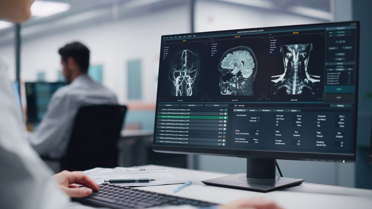 医院研究实验室:白人女性神经外科医生使用计算机与大脑扫描核磁共振成像，寻找病人的最佳治疗方法。摄像机从专业神经学家转移到CT扫描视频素材