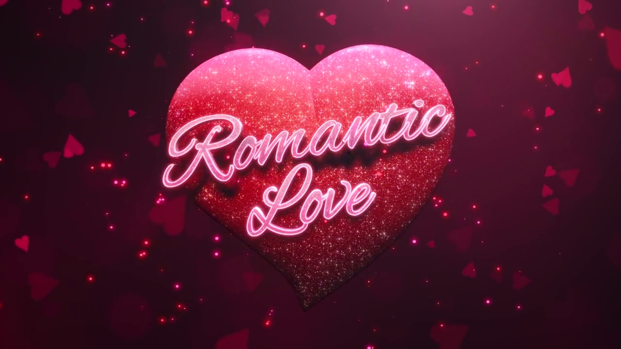 浪漫的爱情与苍蝇红色闪光和大的心在红色的背景视频素材