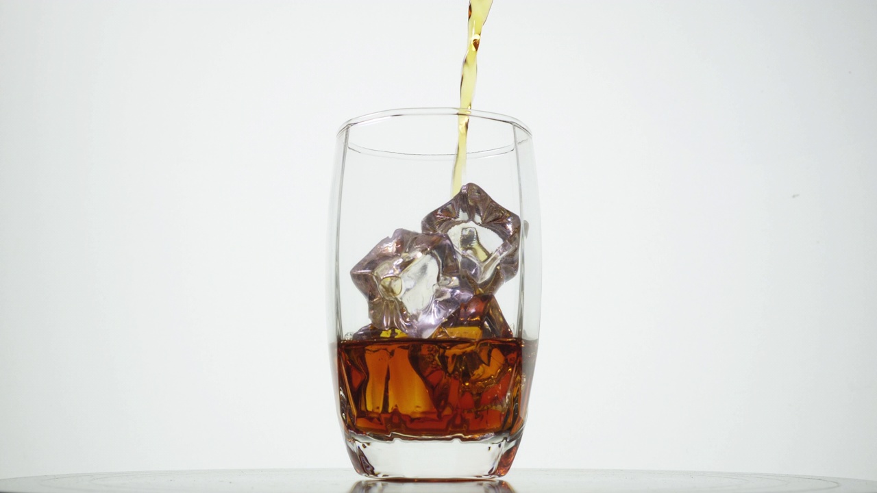 将威士忌倒入装有冰块的玻璃杯的特写镜头视频素材