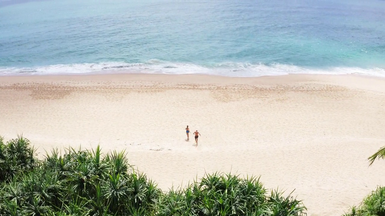 幸福的情侣奔向印度洋的海浪，享受一起游泳的乐趣。在斯里兰卡坦加勒附近，无人机拍摄了环绕着完美沙滩的棕榈树。视频素材
