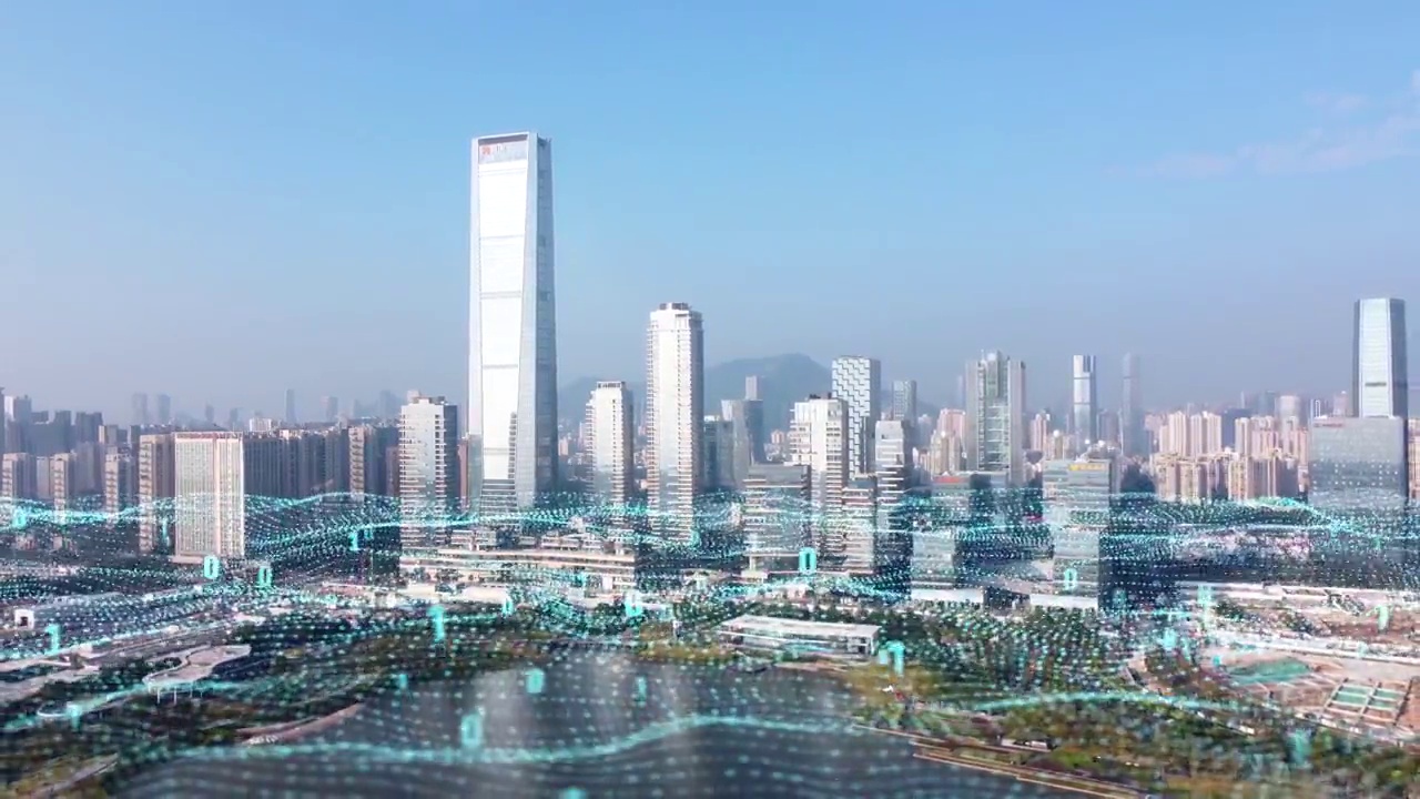 深圳南山区天际线和科技大数据概念。深圳,中国视频素材