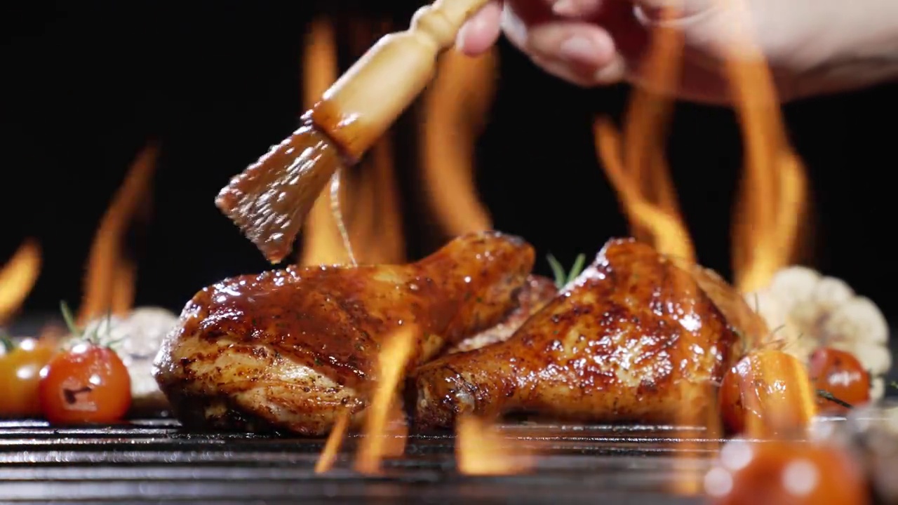 鸡腿或鸡腿在热的烧烤架上烤，上面刷上酱汁。多汁的鸡肉烤在烧烤架上。慢动作视频素材