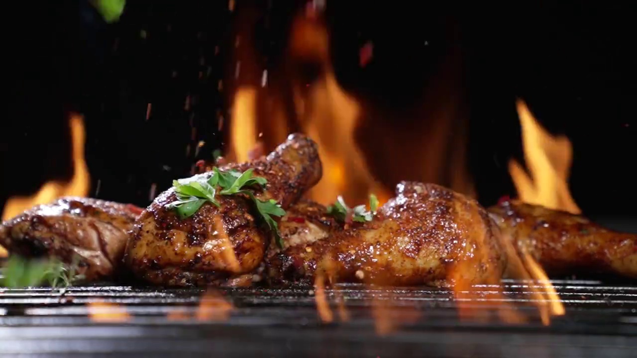 鸡腿或鸡腿在热的烧烤架上烤，上面撒上香料。多汁的鸡肉烤在烧烤架上。慢动作视频素材
