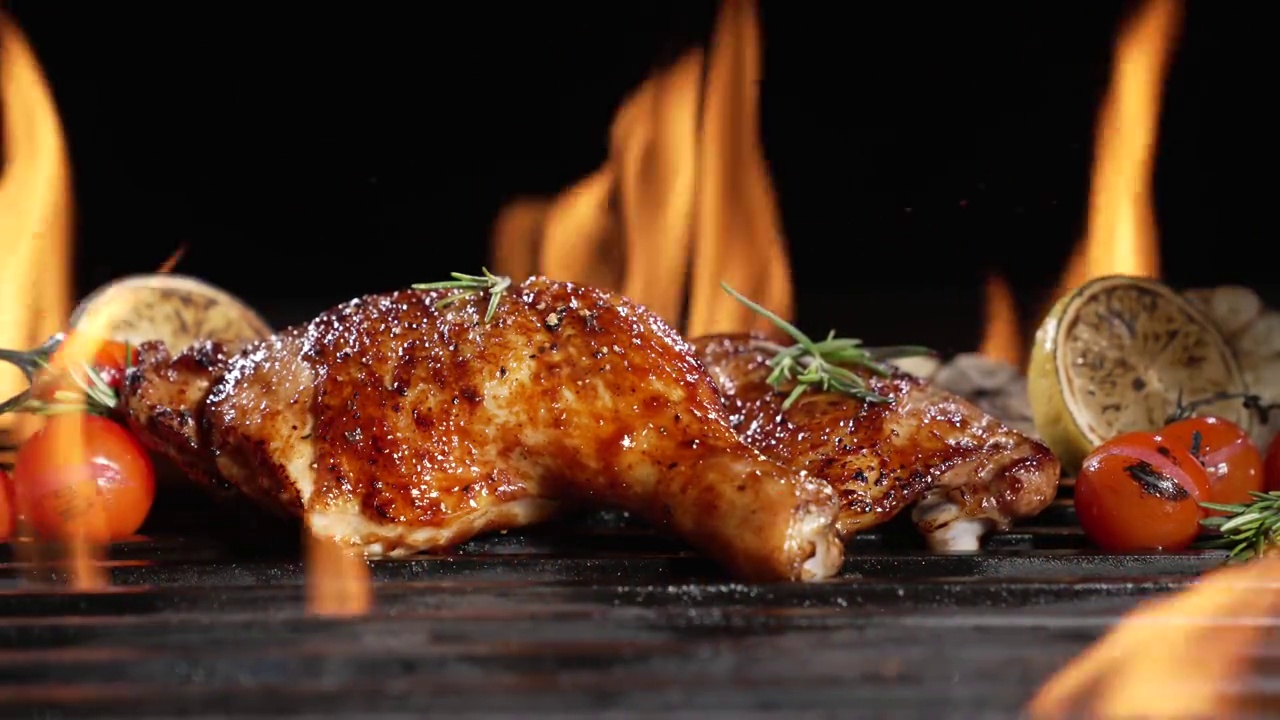 鸡腿在热的烧烤架上烤。多汁的鸡肉烤在烧烤架上。慢动作视频素材