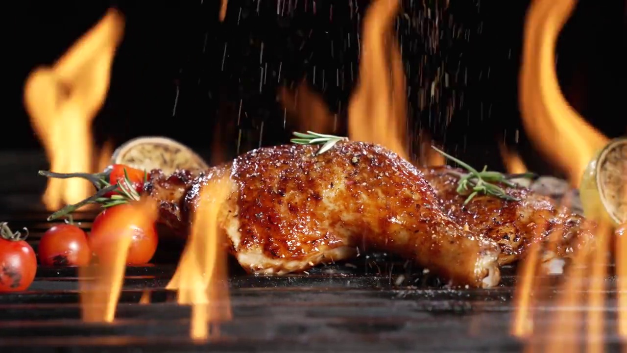 鸡腿在热的烧烤架上烤，上面撒上香料。多汁的鸡肉烤在烧烤架上。慢动作视频素材