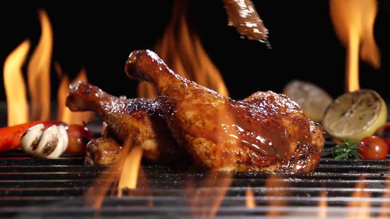 鸡腿在热的烧烤架上烤，上面刷上酱汁。多汁的鸡肉烤在烧烤架上。慢动作视频素材