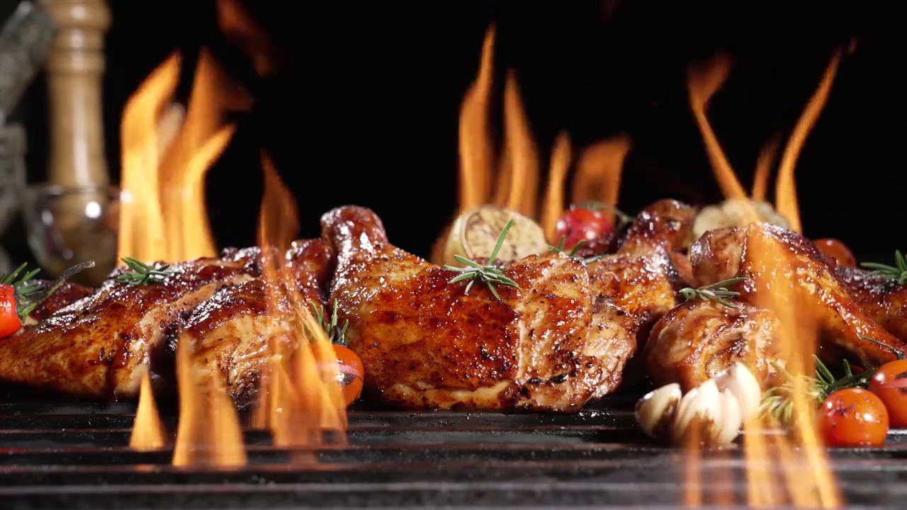 鸡腿和大腿在热的烧烤架上烤。多汁的鸡肉烤在烧烤架上。慢动作视频素材
