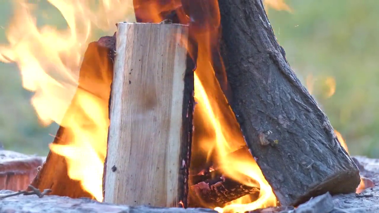 在户外篝火中燃烧着橙色火焰的木头。烧烤和烧烤的概念视频素材