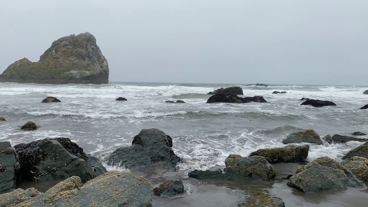 岩石海洋，海边平移运动视频雾，雾和薄雾视频素材