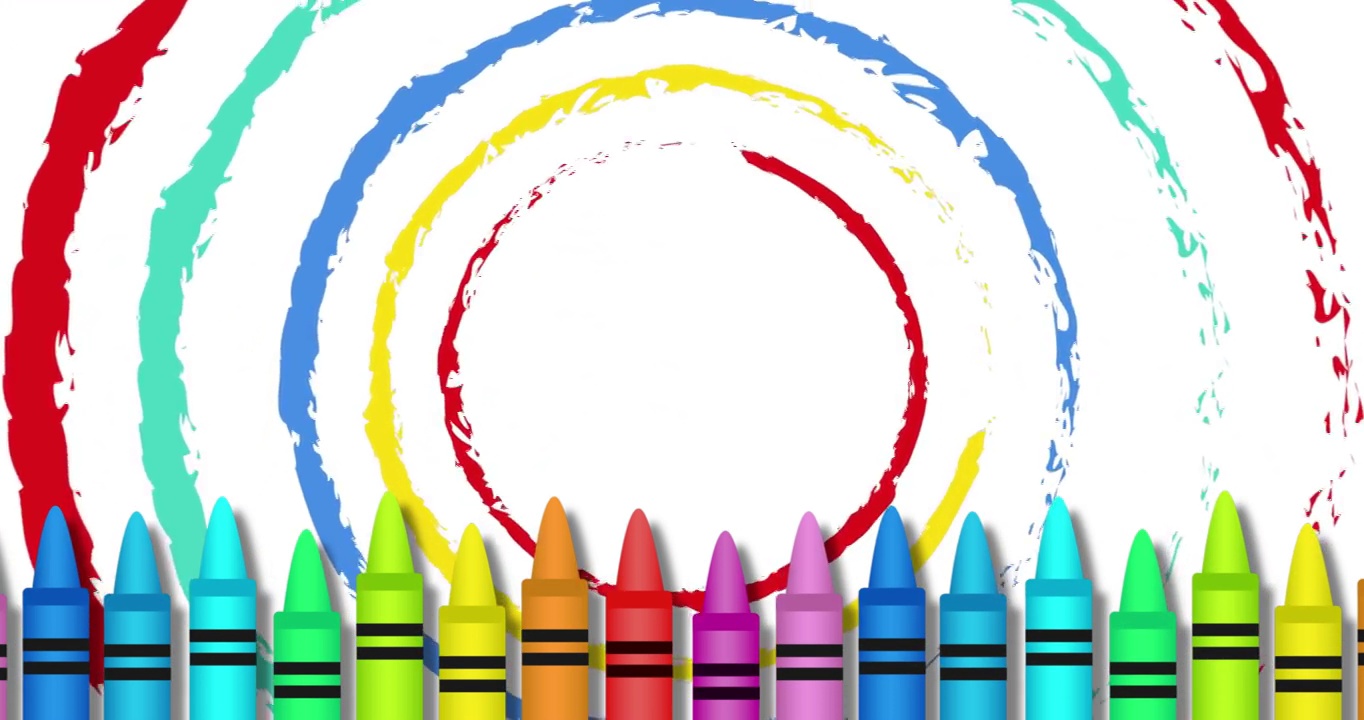 白色背景上彩色蜡笔和圆圈的动画视频下载