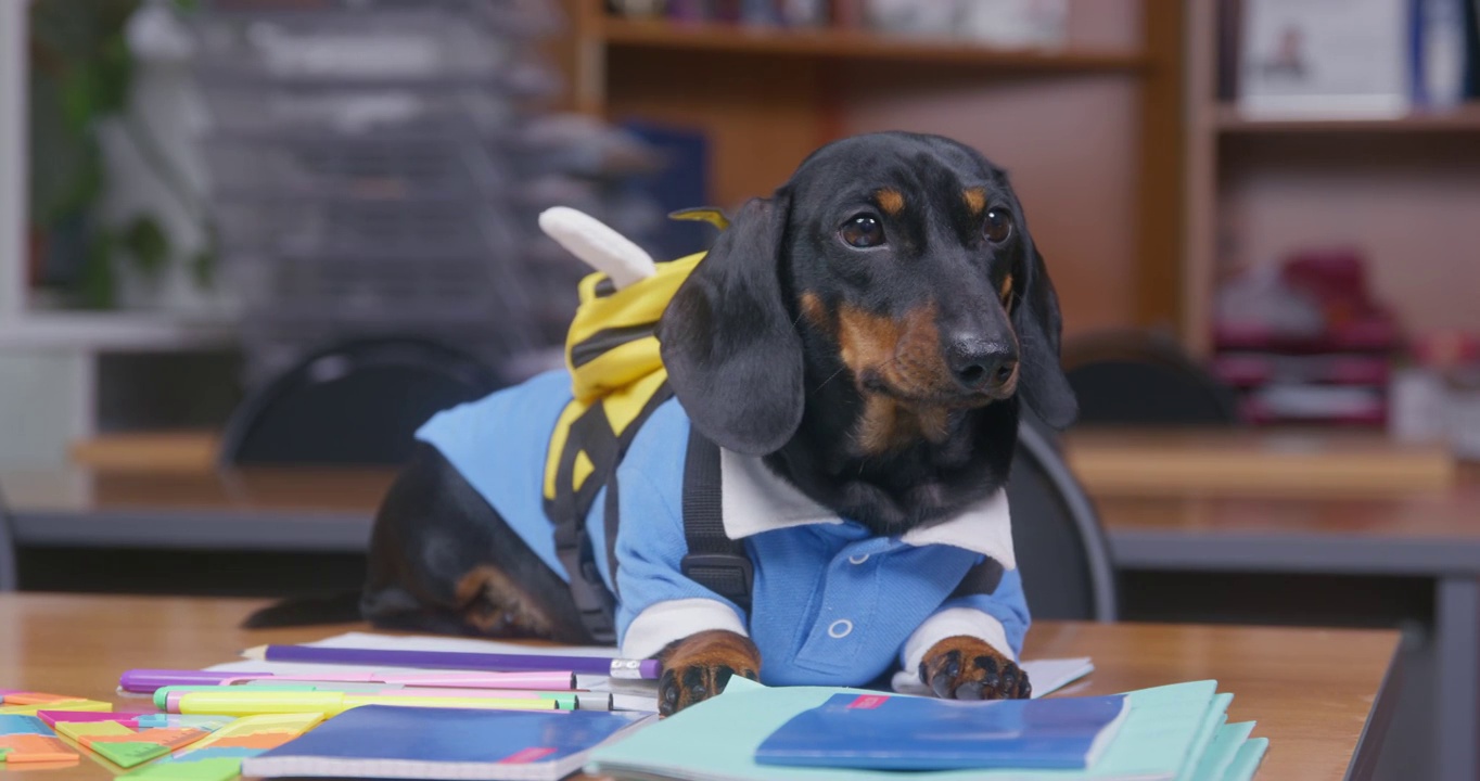 一只黑色的毛茸茸的腊肠狗，穿着亮蓝色的服装，背着书包，躺在木桌上，嗅着教室里散落的学习用品视频素材