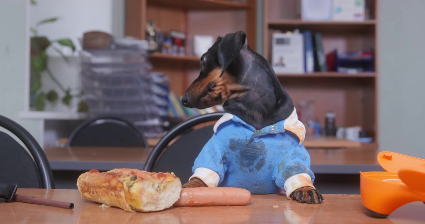在教室里，一只穿着黑色和棕色服装的腊肠狗坐在木制的桌子旁，打翻了午餐盒和被食物弄脏的蓝色套装视频素材