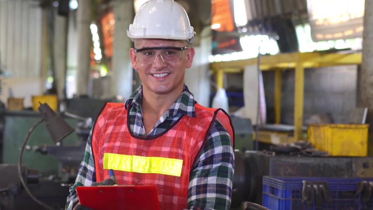 在工业工厂里，白人工程师工头双臂抱着记事本微笑着对着镜头视频素材