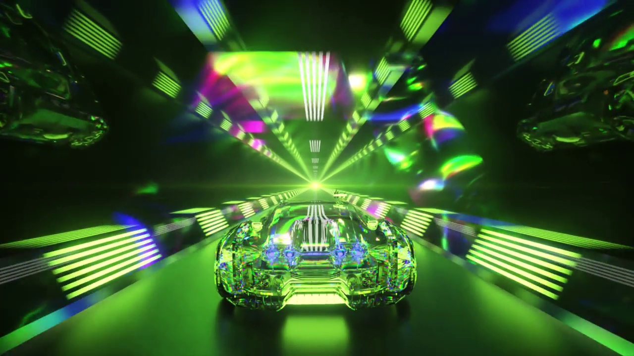 钻石车正高速穿过隧道。绿色霓虹灯。无缝循环的3d动画视频下载