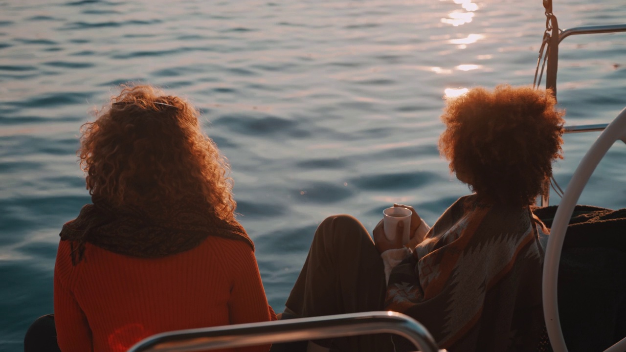 黄昏时分，两个年轻女子坐在帆船的甲板上，喝着热饮视频素材