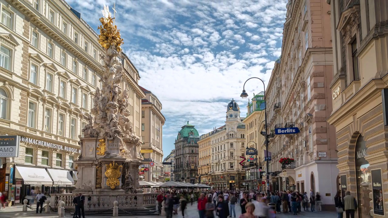 奥地利维也纳历史中心著名的格拉本街的历史建筑和游客的时间推移视图视频素材