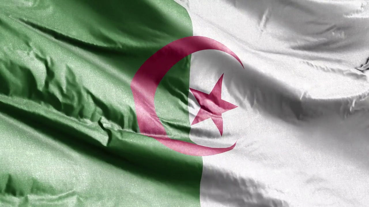 阿尔及利亚纺织旗帜在风环上飘扬。阿尔及利亚的旗帜在微风中摇曳。面料纺织组织。完全填充背景。10秒循环。视频下载
