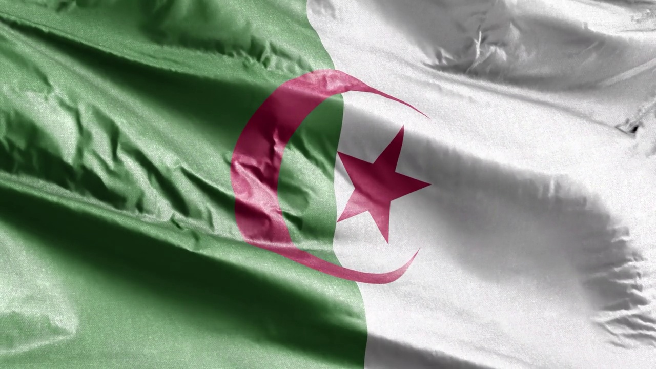 阿尔及利亚纺织旗缓缓飘扬在风环上。阿尔及利亚的旗帜在微风中平稳摇摆。面料纺织组织。完全填充背景。20秒循环。视频下载