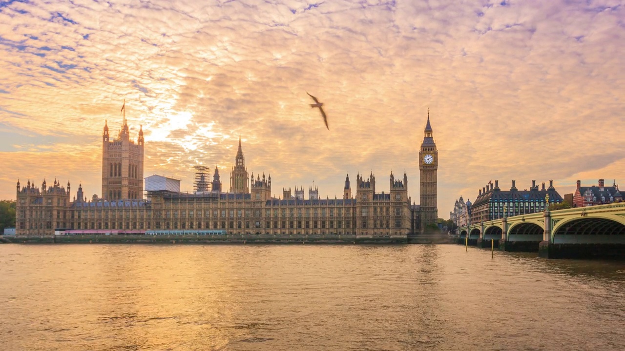 英国伦敦著名的大本钟钟塔上的日落。视频下载