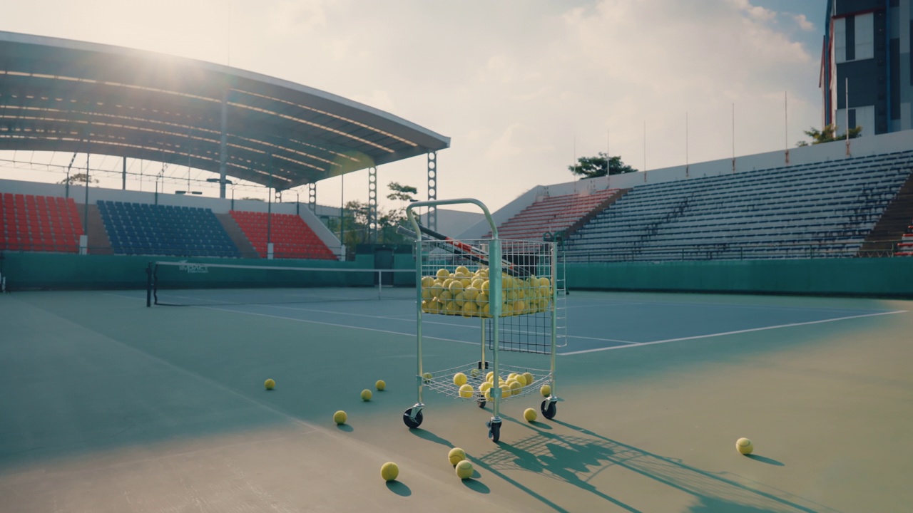 混凝土球场上的网球设备。视频素材