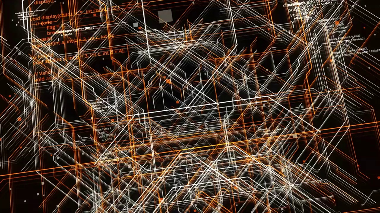 神经元数据信息和网络连接的抽象概念背景。动画。穿过橙白线和程序代码。视频素材