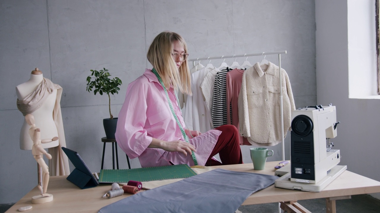一个成功的白人女性在她的时装工作室工作的肖像视频下载