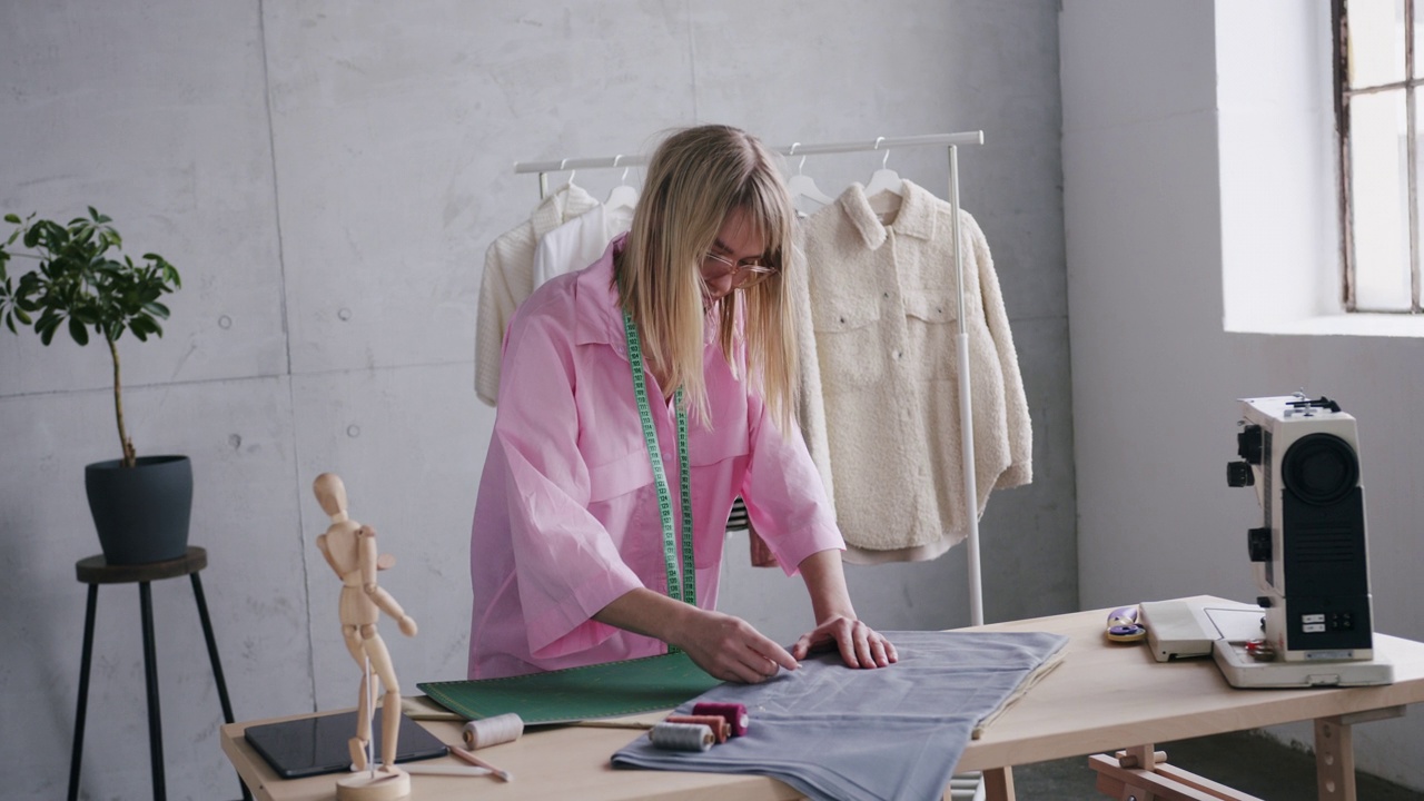年轻的白人女性时装设计师在她的时装工作室工作视频下载