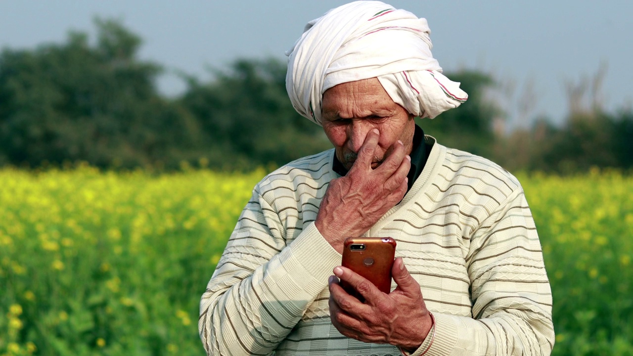 老年农民在芥菜田附近使用触摸屏电话视频下载