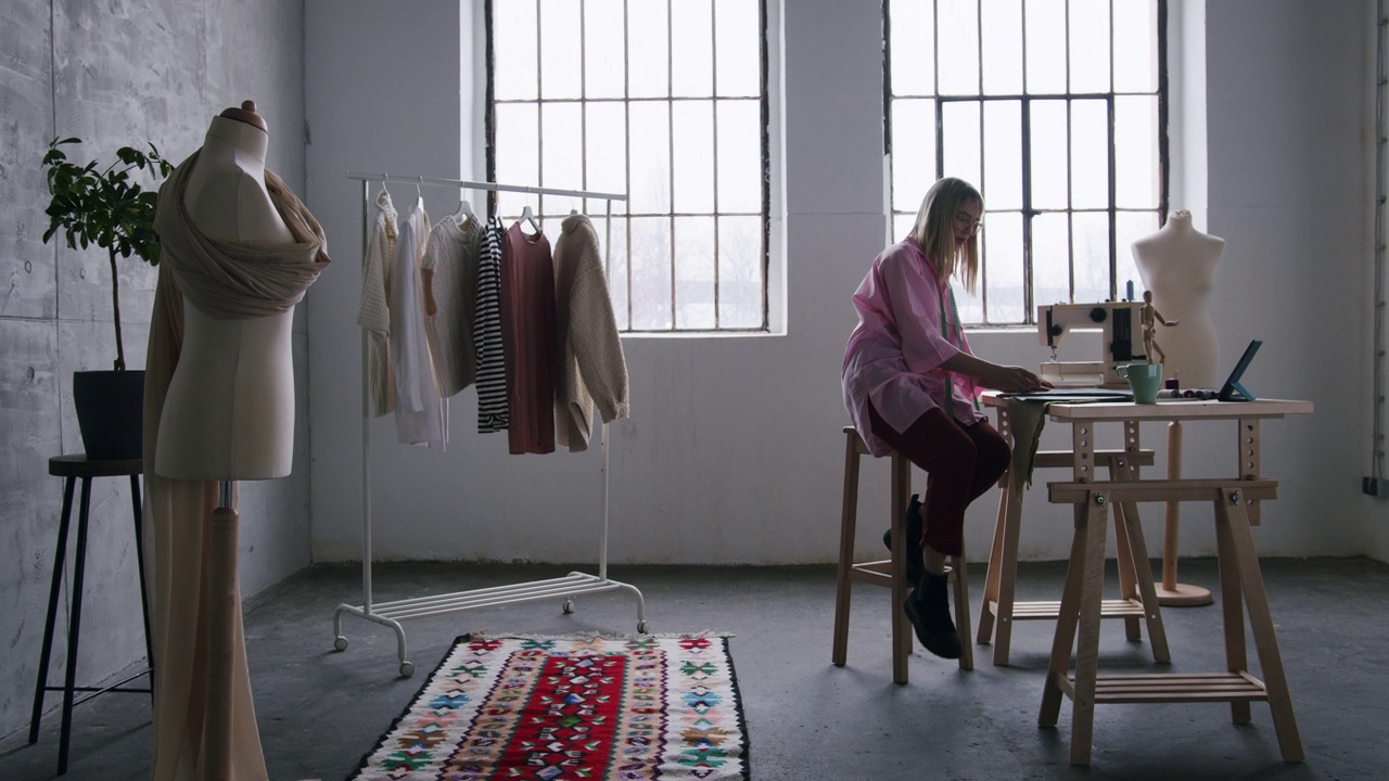 年轻的白人女性在她的时装工作室工作视频下载