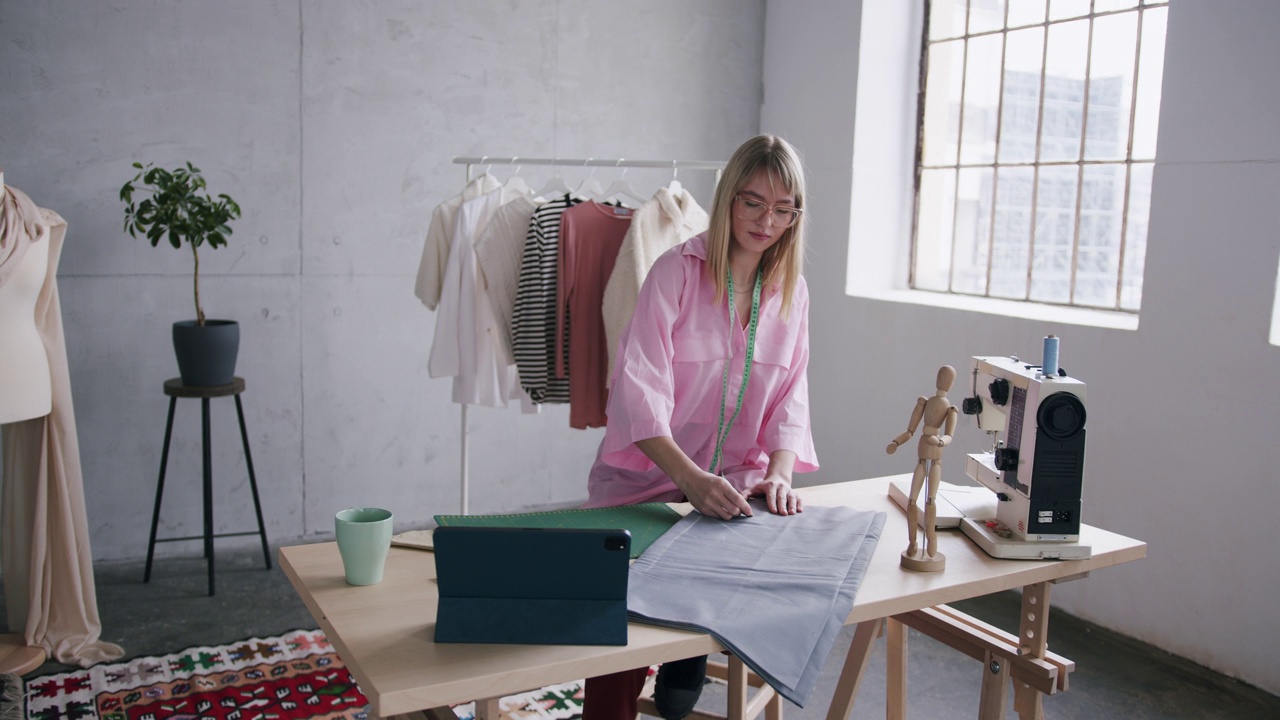 年轻的白人女性时装设计师在她的时装工作室工作视频下载