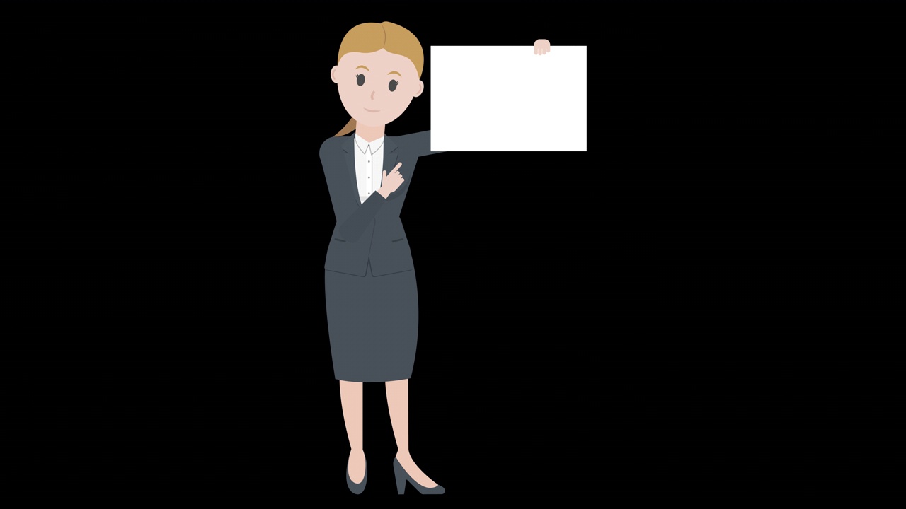 商业女性持有和呈现在空白的空白板，在Alpha通道的插图动画，透明的背景视频素材