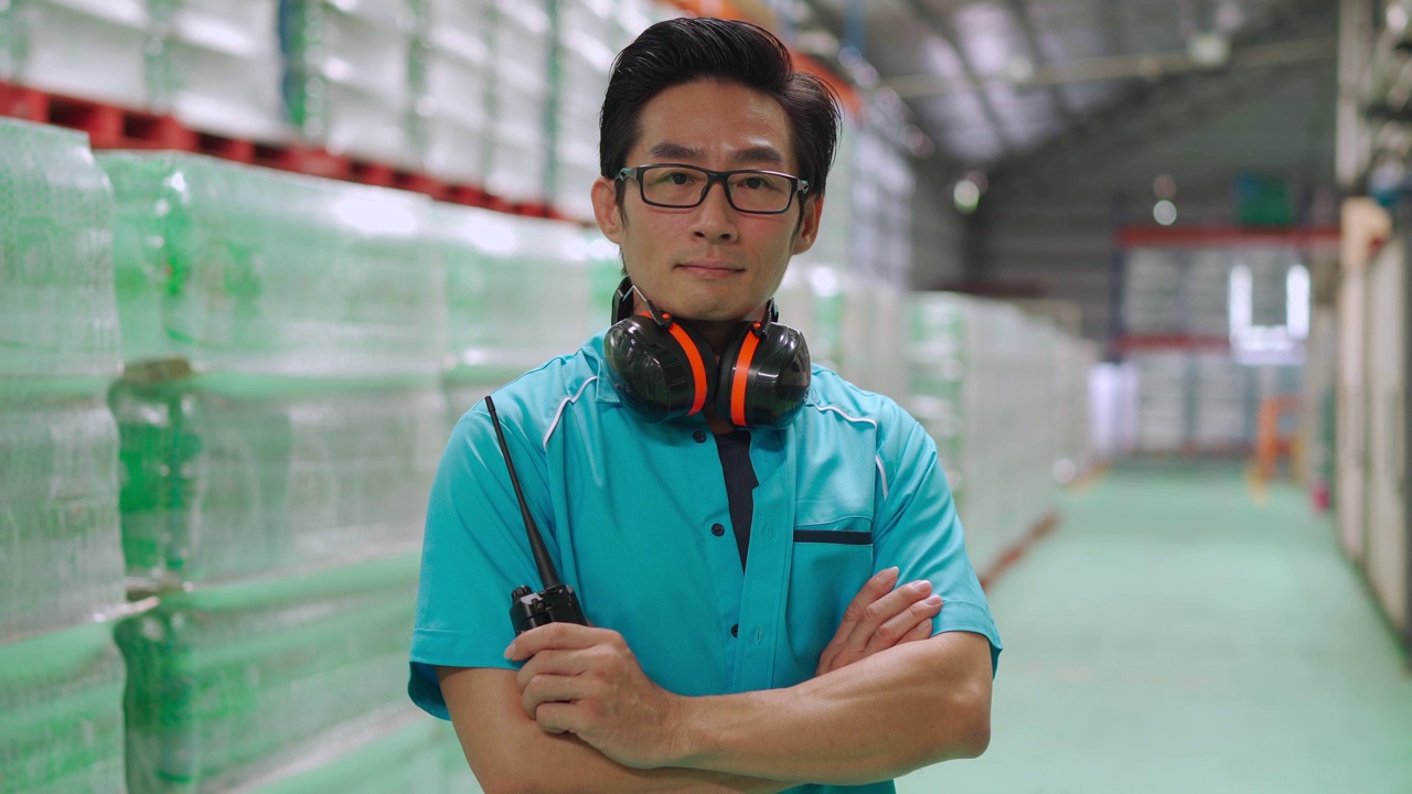 男性亚洲华人仓库工厂领班，带着对讲机和耳机，看着镜头微笑，自信的双臂交叉视频下载
