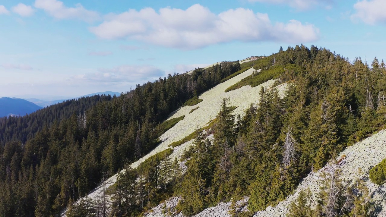 碧蓝的天空下，高高的石山顶上有常绿的森林视频下载