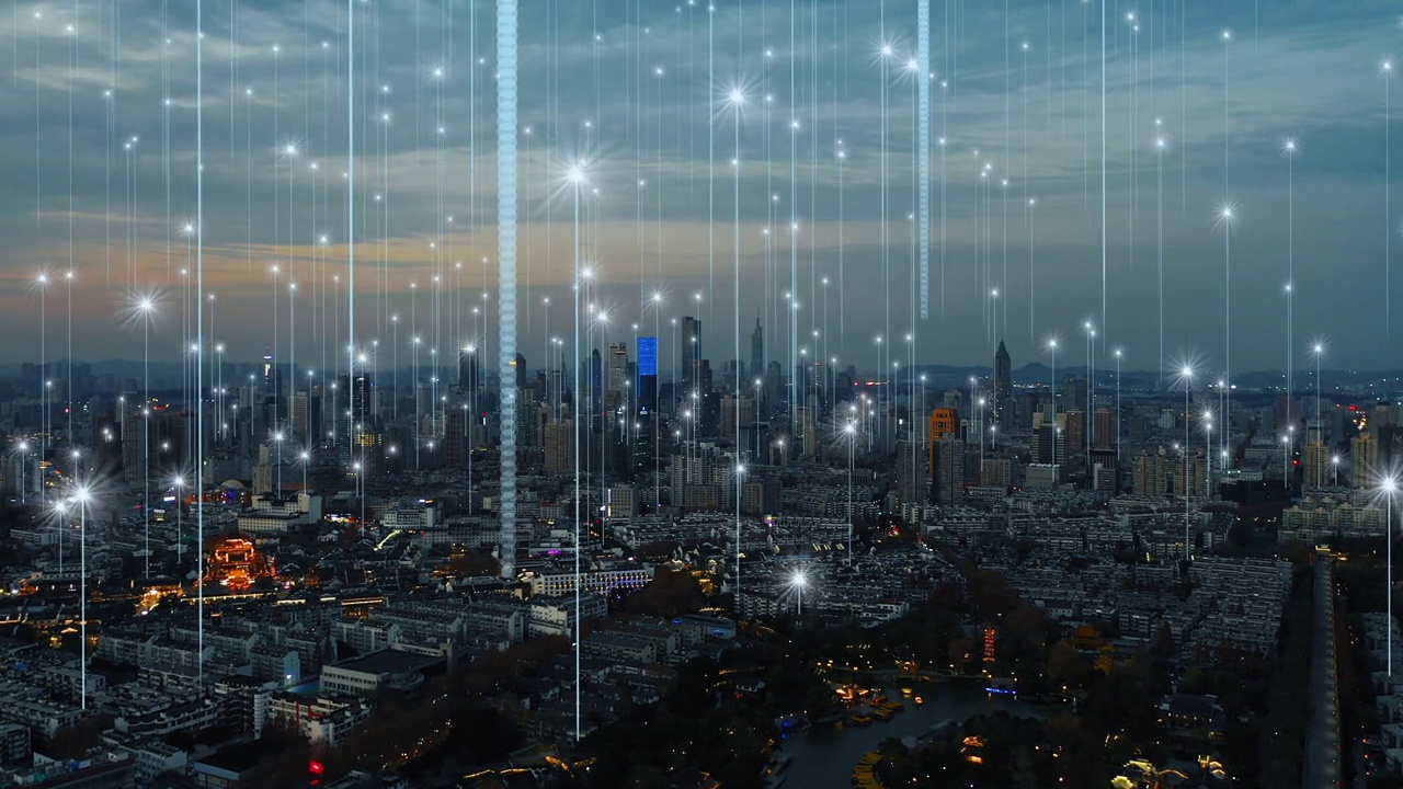 智能连接的城市天际线。未来网络概念，城市科技视频素材