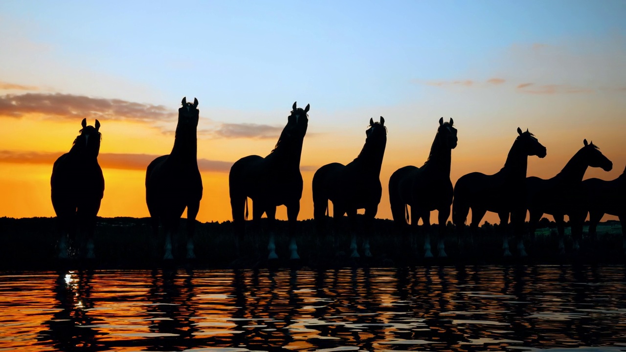 日落时分，一群野马站在水边的剪影视频下载