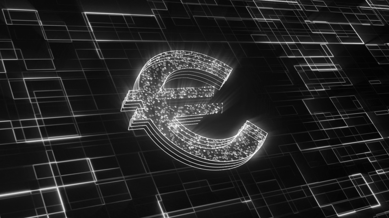 技术背景下的欧元货币符号，英国欧盟货币符号，霓虹灯发光移动线，金融商业经济视频素材