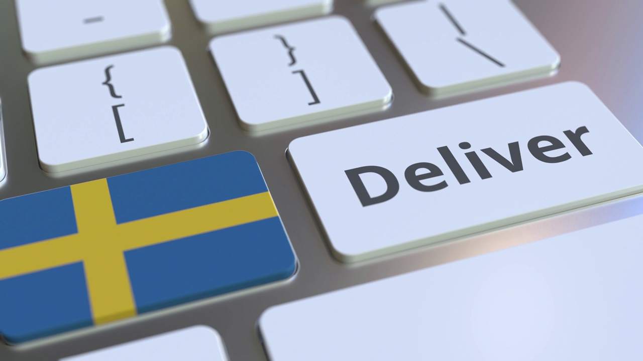 在电脑键盘上输入瑞典的文字和国旗。物流相关3D动画视频下载