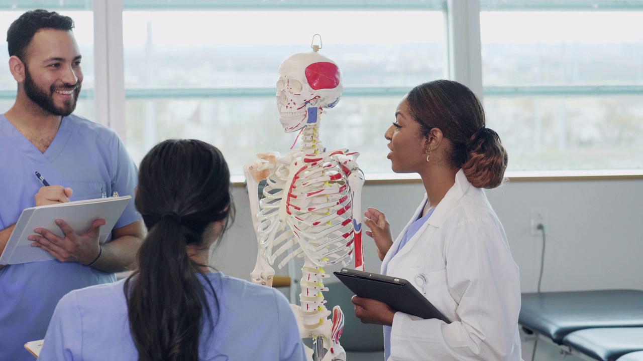 医学院教授与学生讨论人体骨骼系统视频下载