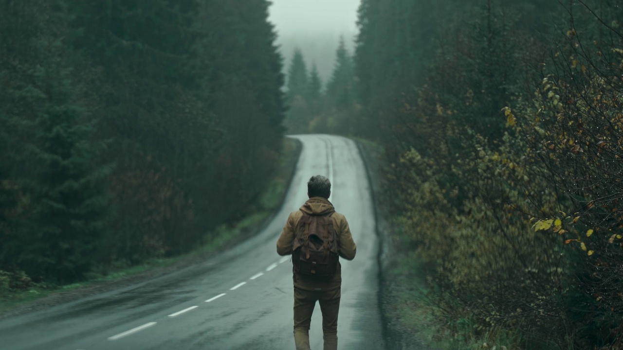 在寒冷潮湿多雾的秋日里，一个背着背包的人走在户外的路上，等着一辆车。旅游旅行搭山旅游自然度假旅游自由旅游视频素材