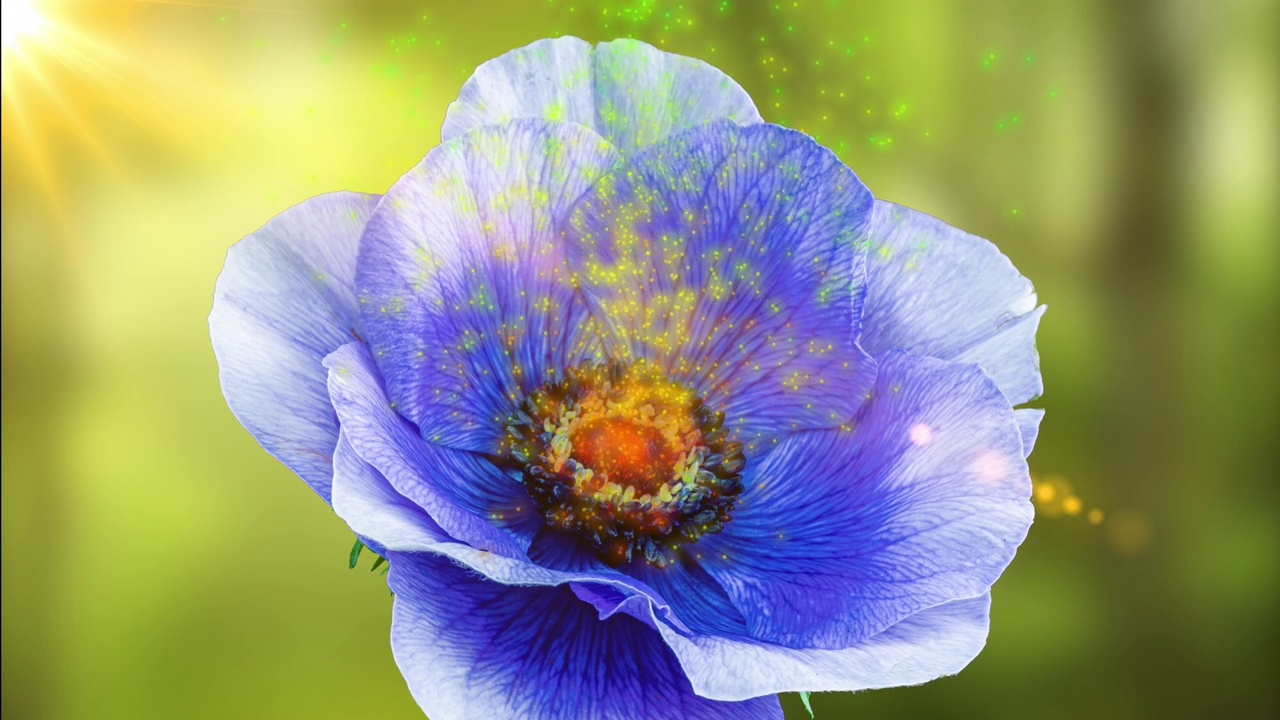 美丽的蓝色海葵在森林和阳光的映衬下盛开。彩色的粒子从银莲花的中心飞出来。2022年趋势的颜色。很仙女。婚礼背景，情人节的概念。生日群。视频素材