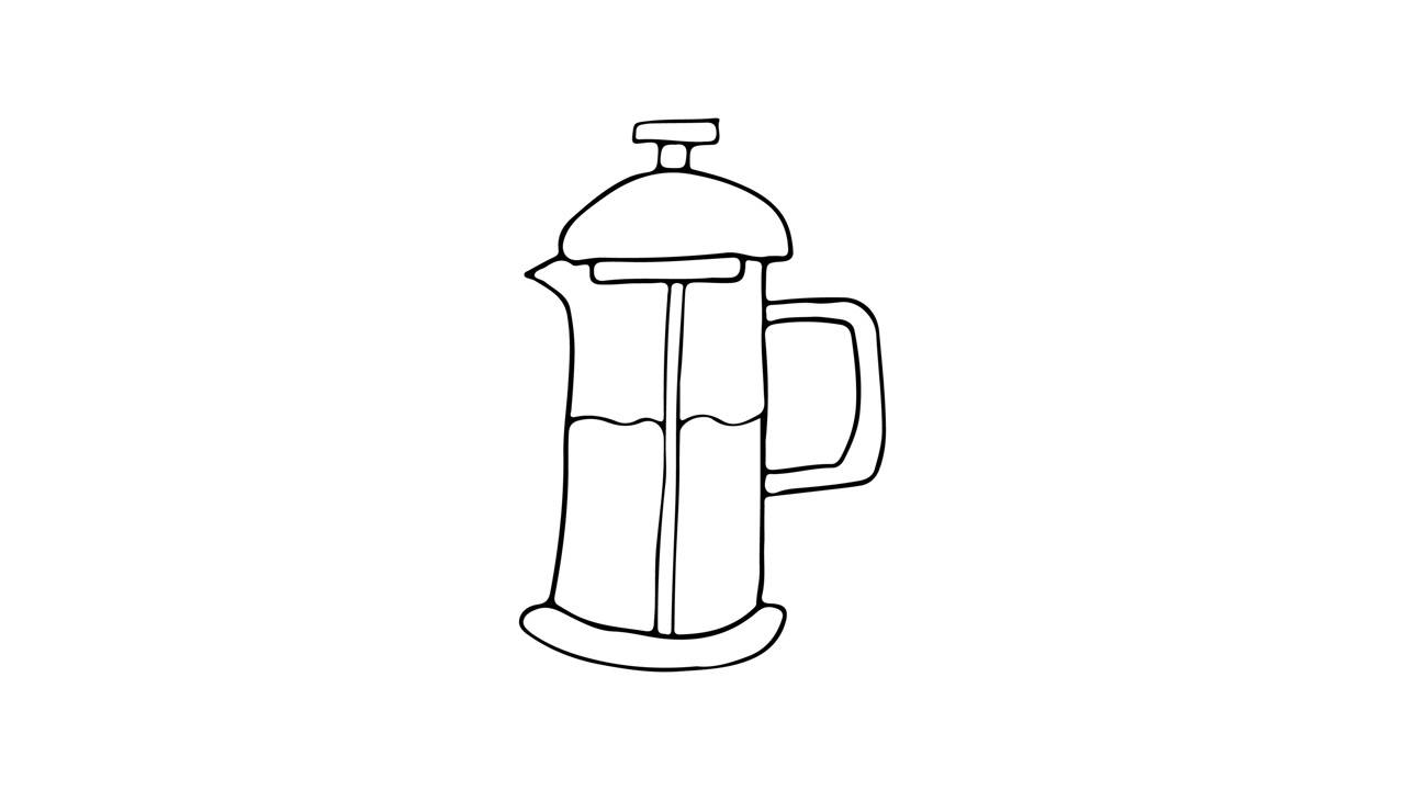 法式压咖啡机涂鸦动画。手绘视频的咖啡机图标在白色的背景。视频下载