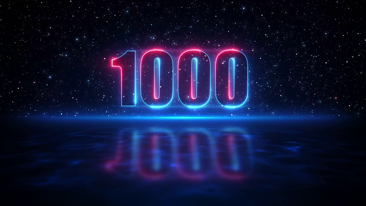 未来运动红蓝数字1000在空间的深蓝色星空上显示霓虹灯和水面上的光反射视频下载