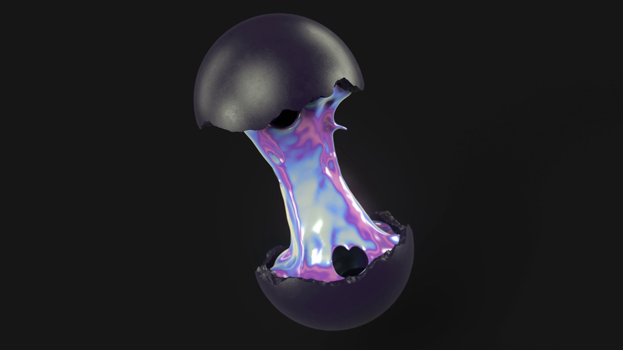 数字动画分裂两个黑色闪亮的球体在黑暗的背景上，粘在一起的彩虹口香糖。3 d渲染。4 k, UHD分辨率视频下载
