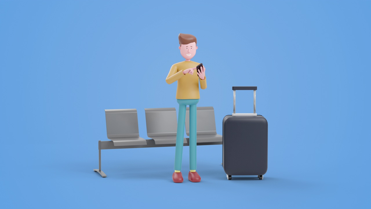 3d卡通动画男子在机场用智能手机等待航班，带着行李准备旅行。视频素材