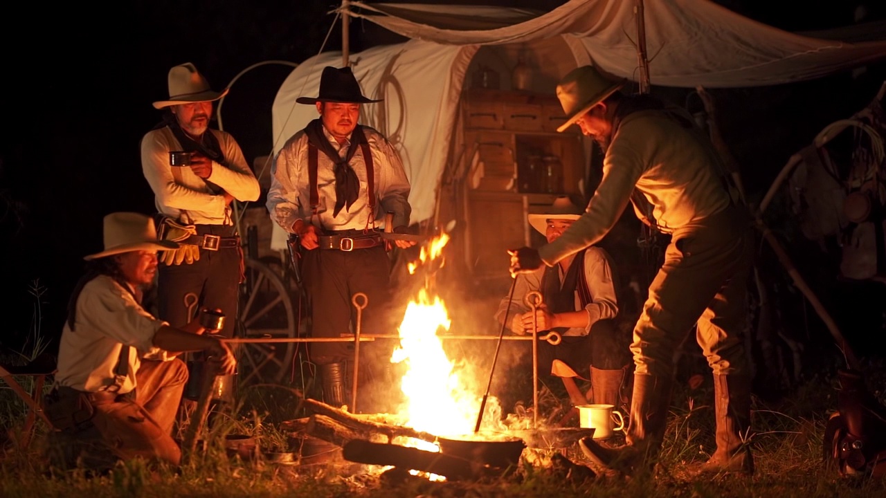 牛仔在篝火上做饭视频素材