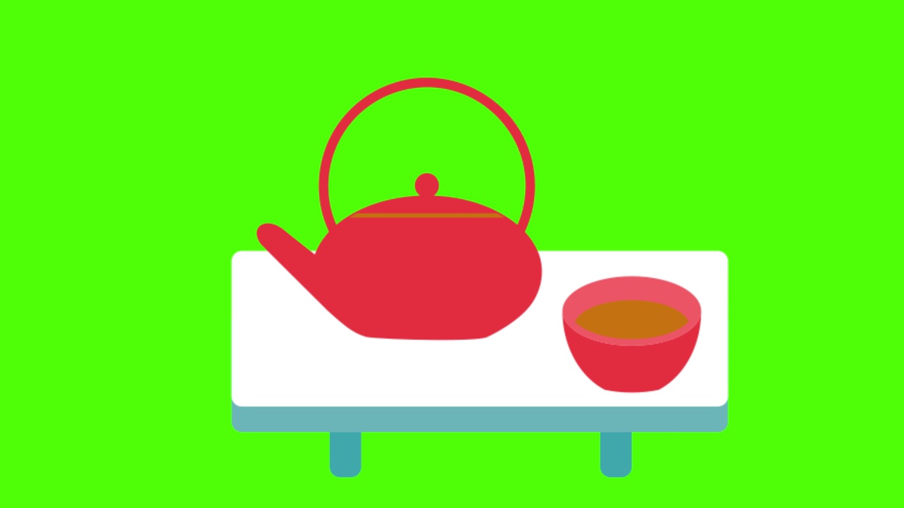 一杯茶在绿色屏幕背景的桌子上的动画视频下载