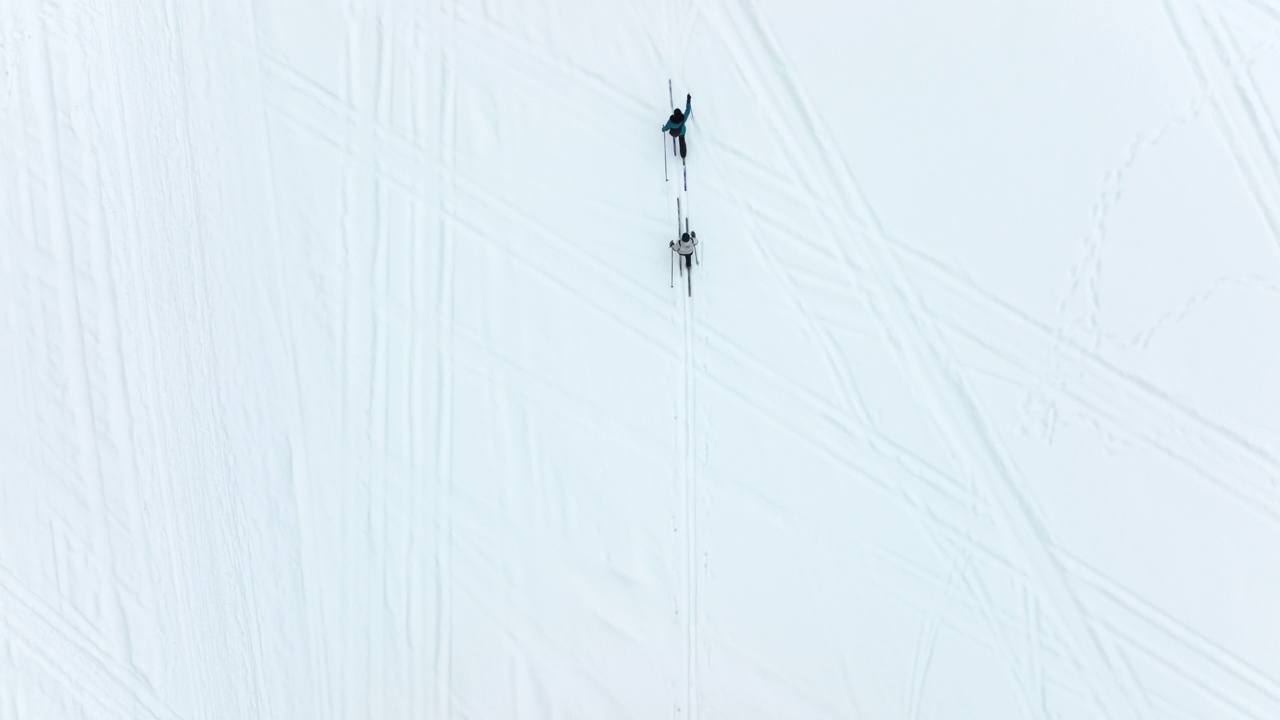 鸟瞰图，两名妇女越野滑雪在结冰的湖在魁北克，加拿大视频下载