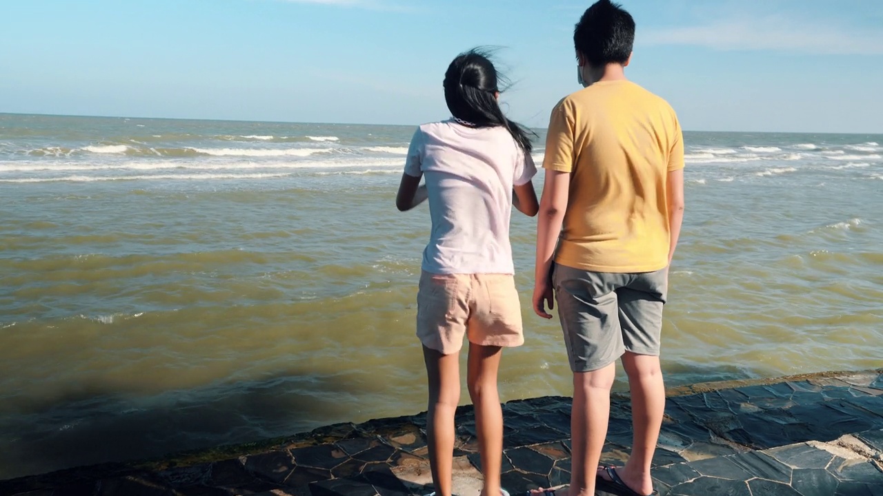 亚洲孩子在阳光明媚的日子里一起在沙滩上看风景，生活方式的概念。视频下载