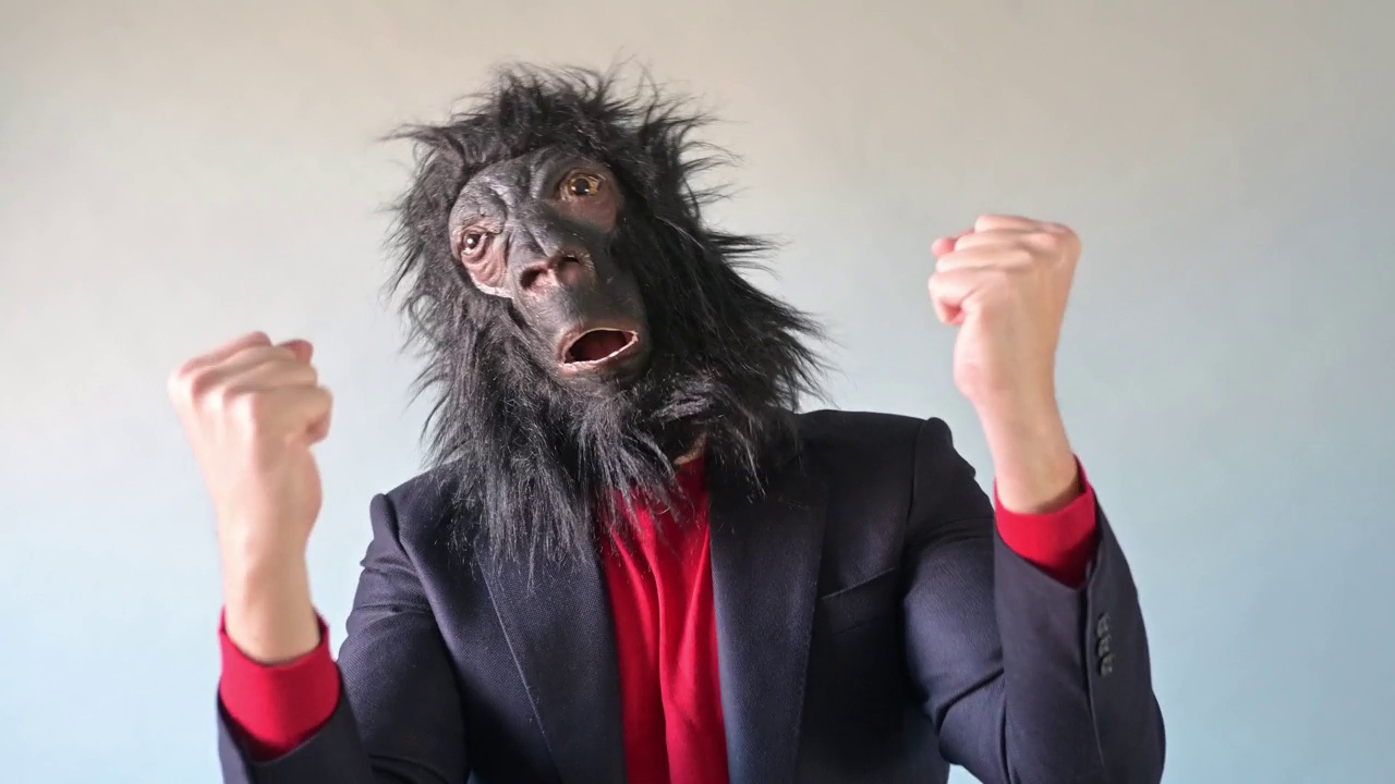 穿着西装戴着大猩猩面具的男人。视频下载